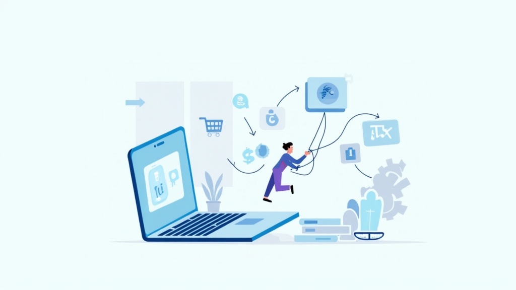Illustration of interconnected computers exchanging links and money, symbolizing affiliate marketing.